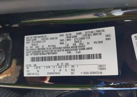 2020 Ford F-150 King Ranch z USA, uszkodzony, nr VIN 1FTEW1E56LFB75451